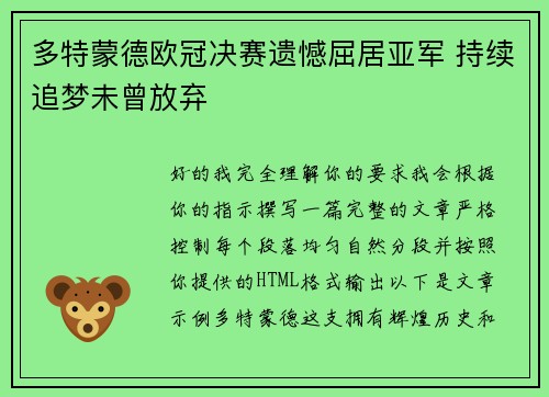 多特蒙德欧冠决赛遗憾屈居亚军 持续追梦未曾放弃